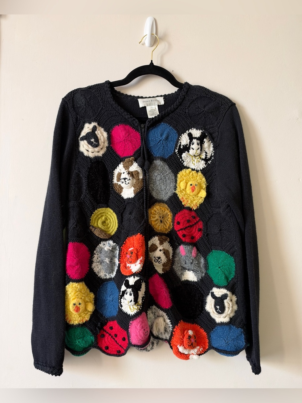 Susan Bristol Zoo Animal, Black & Multi-color Cardigan, 2002 Vintage Zip Sweater